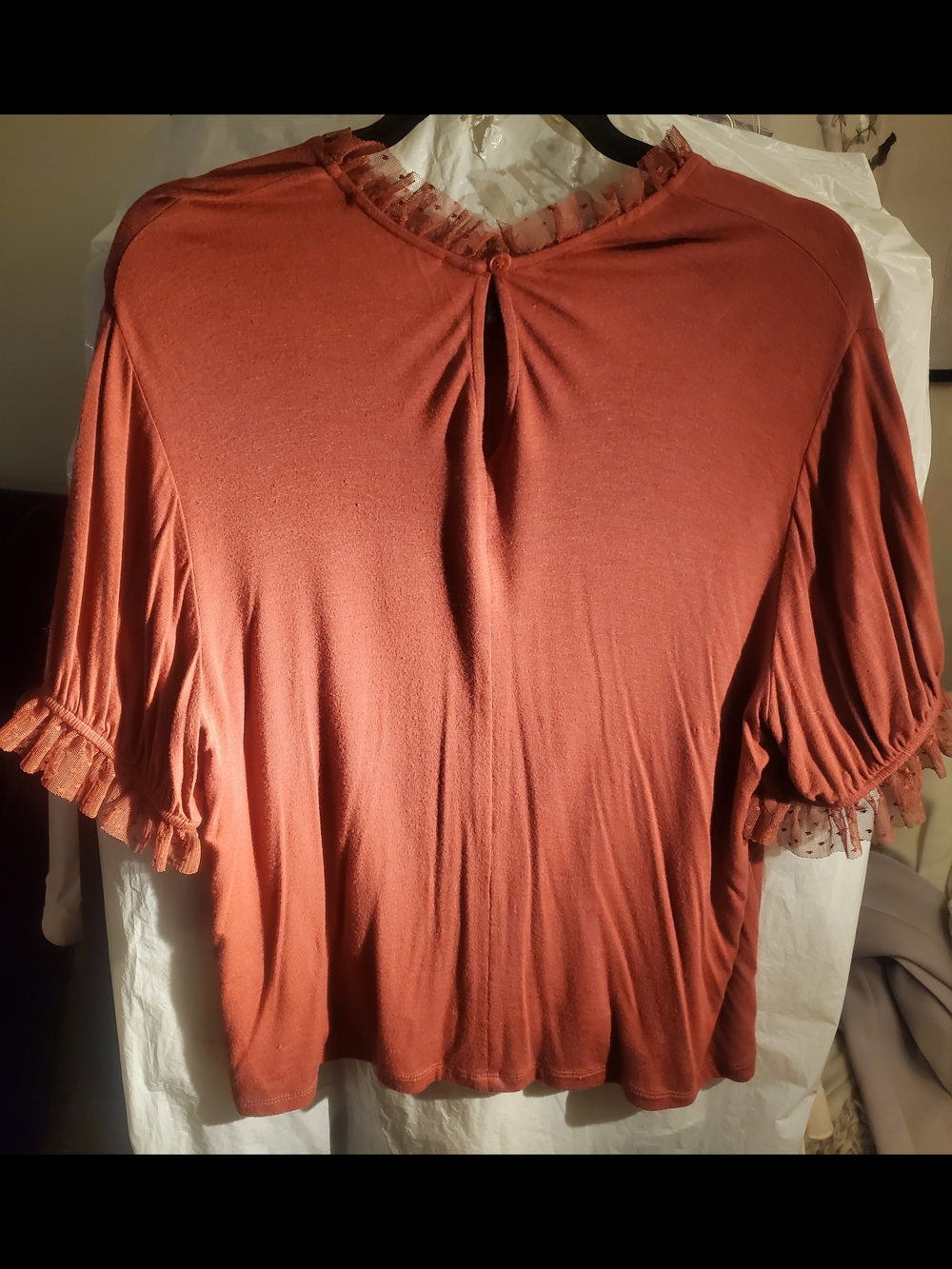 Rust Short Sleeve Ruffle-Trim Blouse - Picture 2 of 4